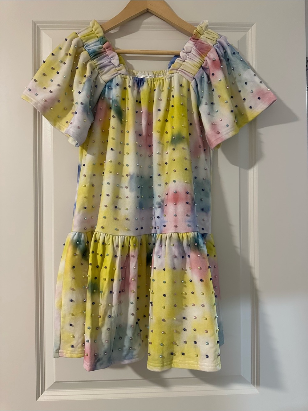 Queen of Sparkles Rainbow Tie-Dye Pearl Embellished Flutter Dress. Size XS